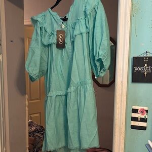 GG&O Aqua Ruffle Tiered Midi Dress with Puff Sleeves